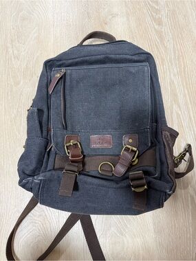Canvas Daypack Backpack in Charcoal with Brown Leather Trim